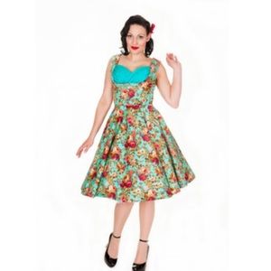 Lindy Bop Teal and Multicolor Floral Midi Dress